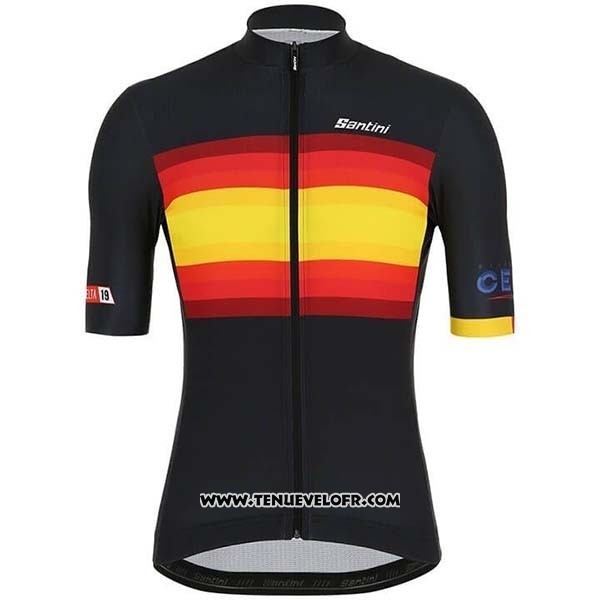 2019 Maillot Ciclismo Espagne Noir Rouge Jaune Manches Courtes et Cuissard